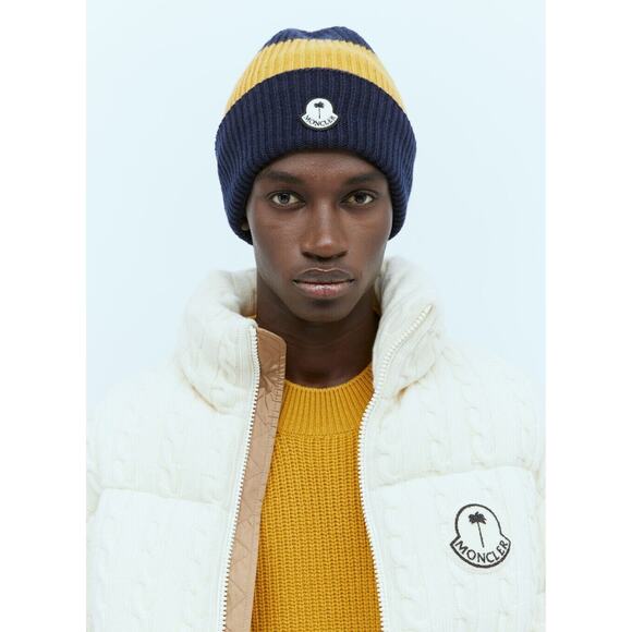 Moncler X Palm Angels Beanie Cap Men OS Navy Yellow Colorblock Knit Wool Hat NWT - Picture 5 of 14